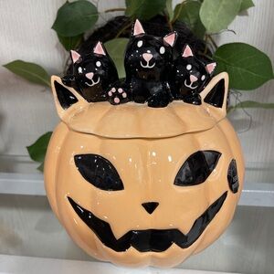 Halloween Black Cat Family Trio Pumpkin Jack o’lantern 🐈‍⬛🎃 Cookie Jar NWT